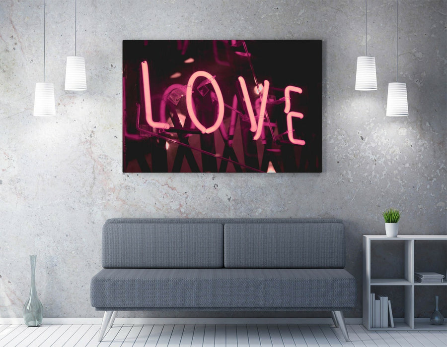 Pink Neon Love Sign Canvas Wall Art – Framed Bedroom Decor, Ready To Hang Print