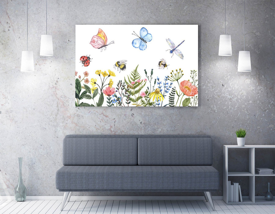 Summer Watercolour Canvas - Flowers & Insects Art | Vibrant Botanical Wall Print