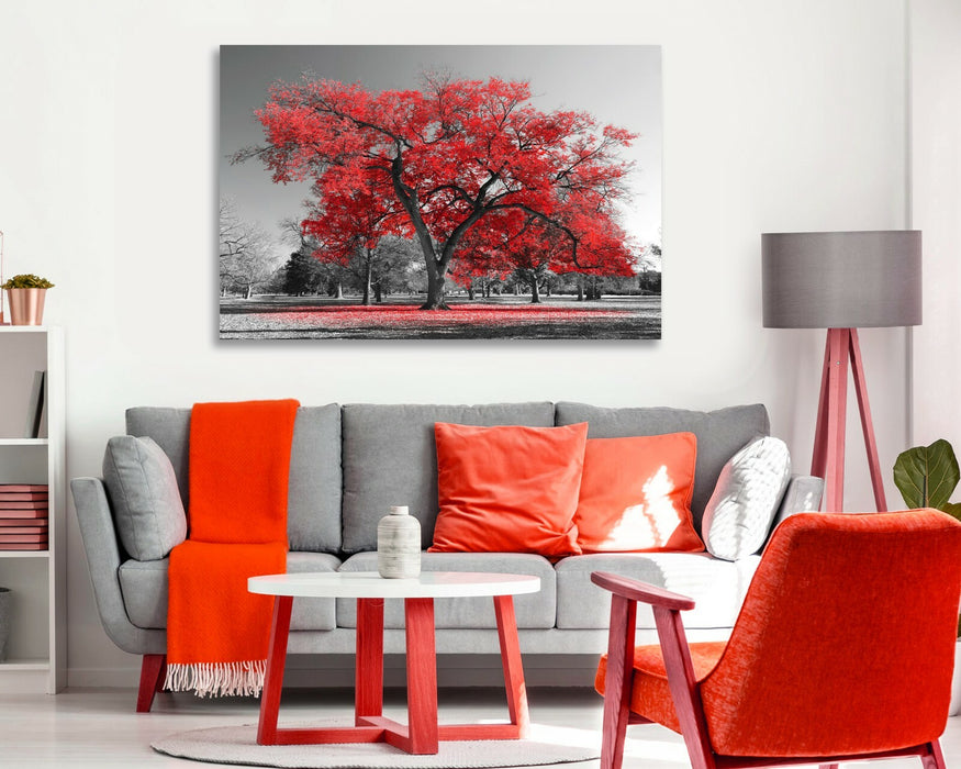 Canvas Wall Art Large Tree Red Leaves Black White 30mm Deep Premium Print