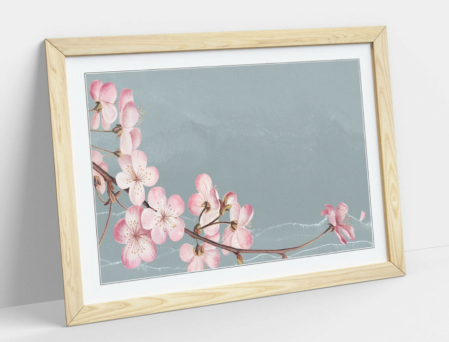 CHERRY BLOSSOM -FRAMED POSTER WALL ART PRINT ARTWORK- BLUE GREY PINK