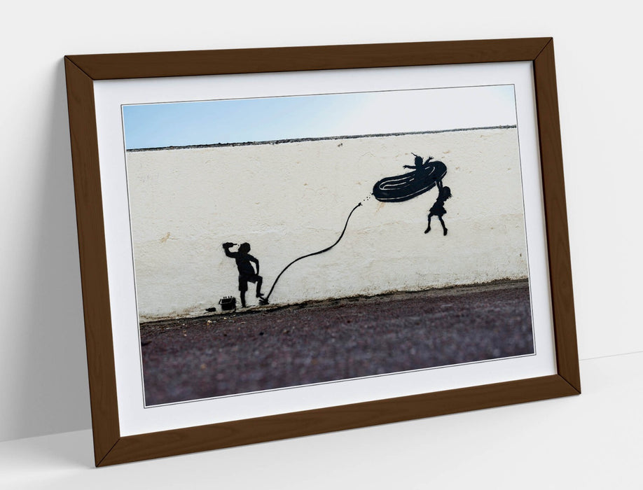 Banksy Dinghy Graffiti Art - Framed Wall Art Poster Print With Woodgrain Frame