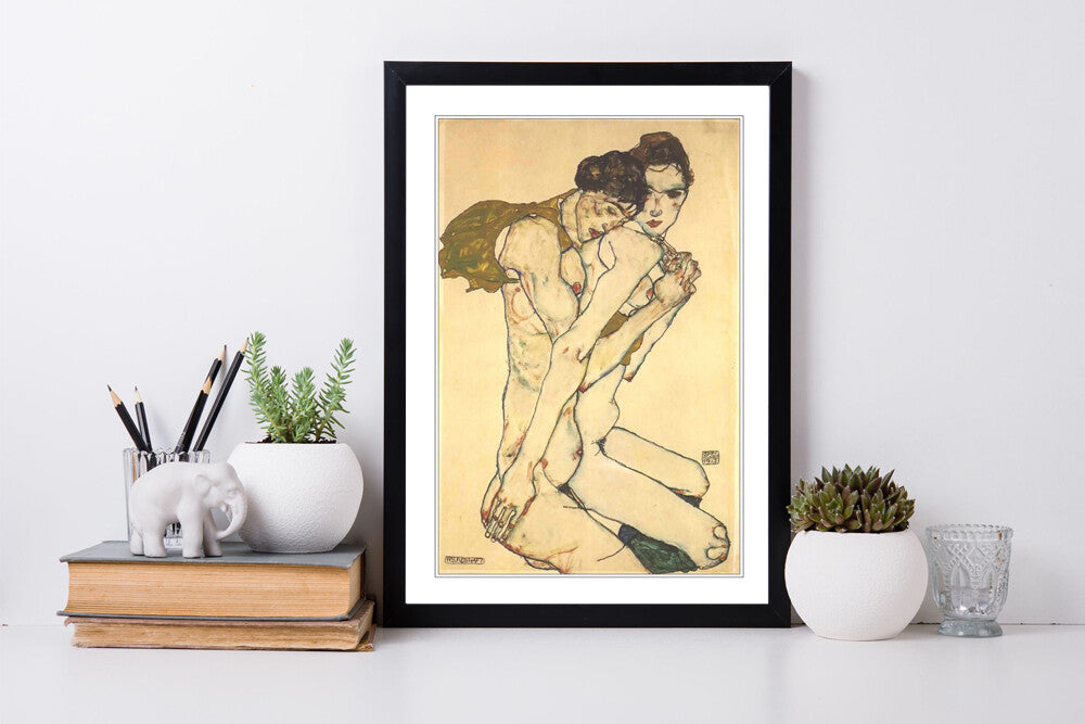 Framed Wall Art - Egon Schiele Friendship Art Print with Woodgrain Frame Design
