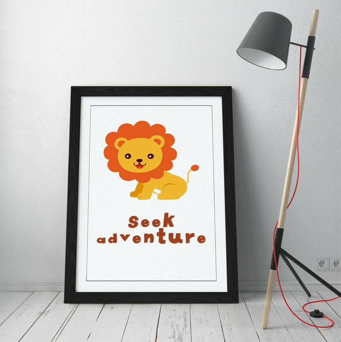 "SEEK ADVENTURE" LION QUOTE KIDS ROOM NURSERY -FRAMED WALL ART PICTURE PRINT