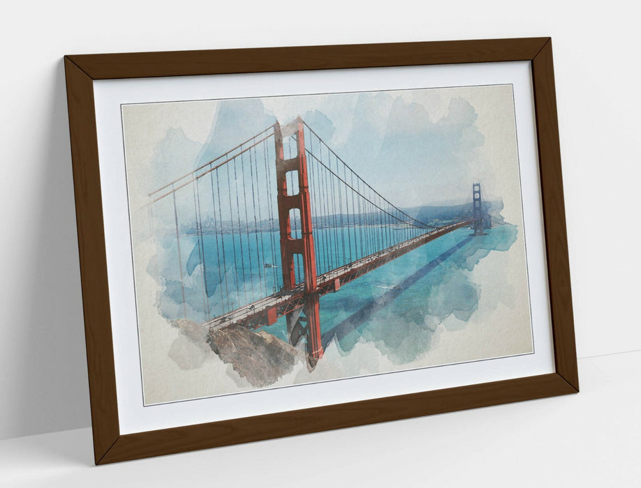 Framed Wall Art – Golden Gate Bridge Watercolour Painting Print With MDF Wood Frame