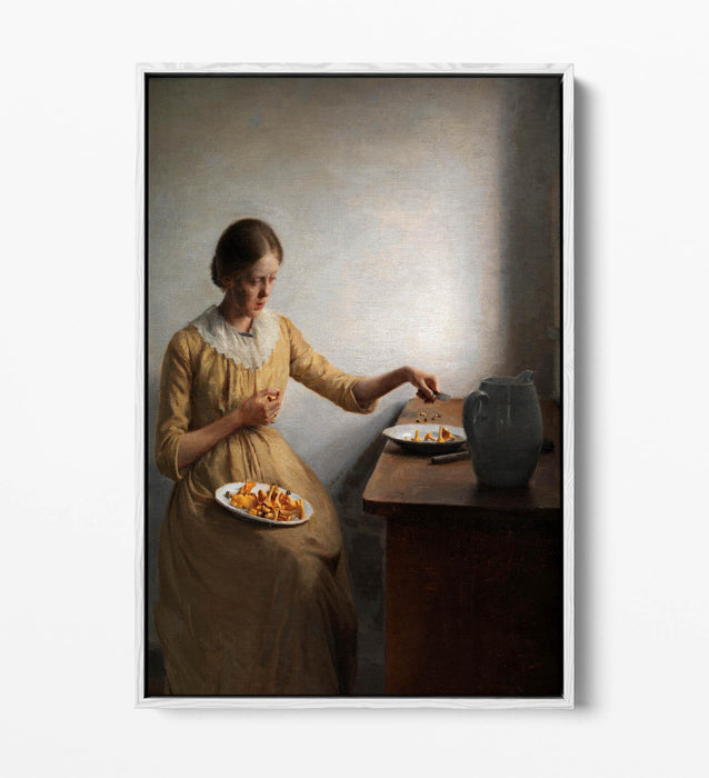 Canvas Art Print - Peter Ilsted Young Girl Cleaning Chanterelles | Float Effect, Premium Frame