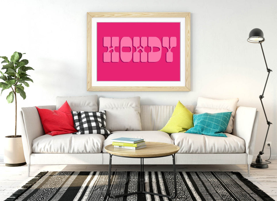 "HOWDY" TRENDY PINK COWBOY QUOTE -FRAMED WALL ART PRINT ARTWORK POSTER