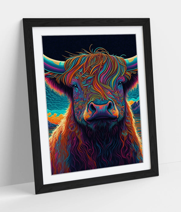 Highland Cow Wall Art – Framed Vibrant Animal Poster With Natural Wood Frame