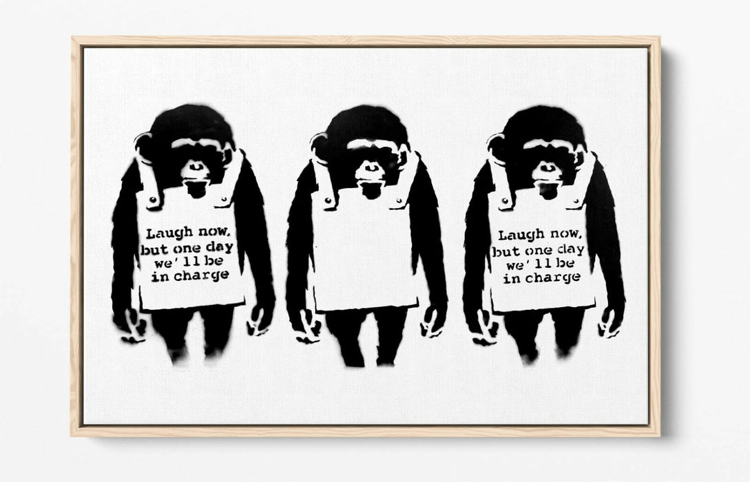 BANKSY LAUGH NOW -FLOAT EFFECT CANVAS WALL ART PIC PRINT- BLACK & WHITE