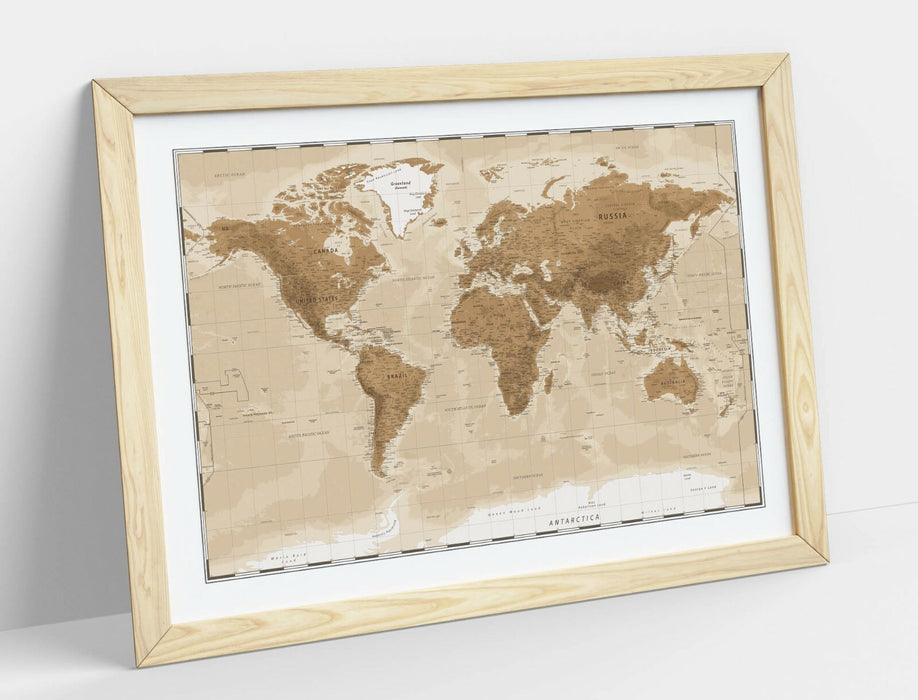 VINTAGE WORLD MAP -ART FRAMED POSTER PICTURE PRINT ARTWORK- BEIGE