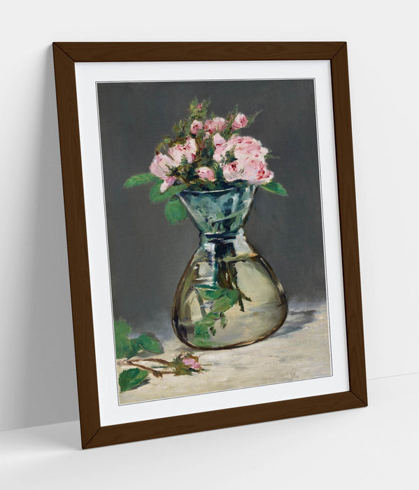 Framed Wall Art Poster - Edouard Manet Moss Roses In A Vase Print With Woodgrain Frame