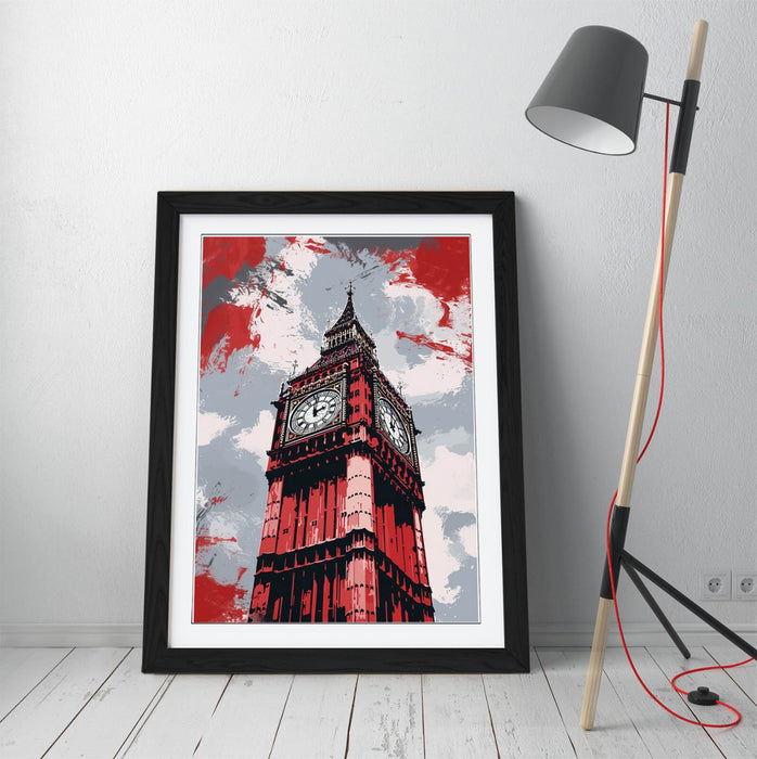 Framed Wall Art - Big Ben Poster Print With Red Grey Wall Decor, Matte Paper