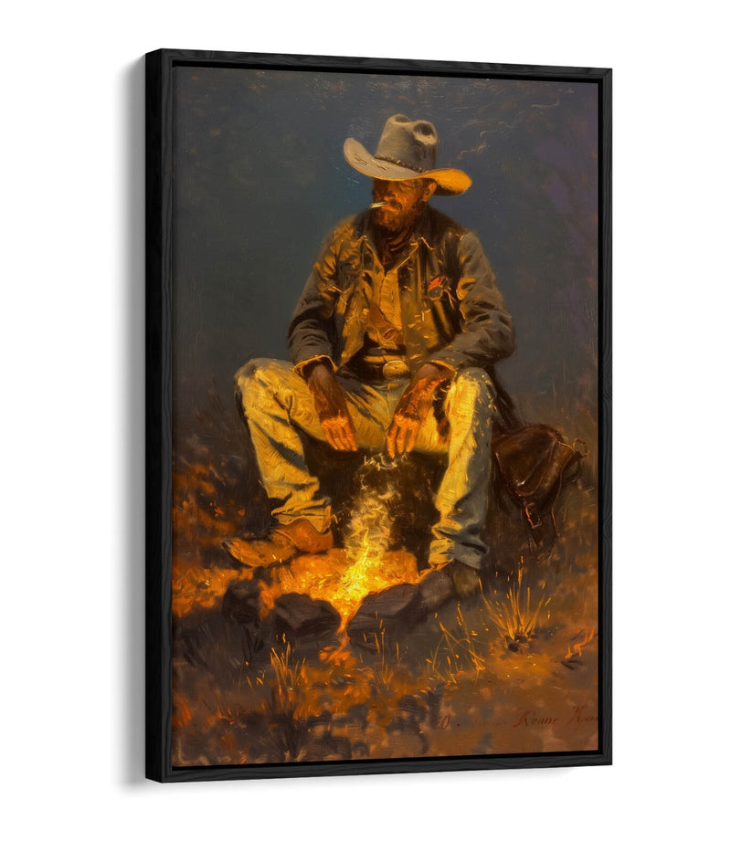 Canvas Art Print – Western Cowboy Campfire Scene With Premium Float Frame
