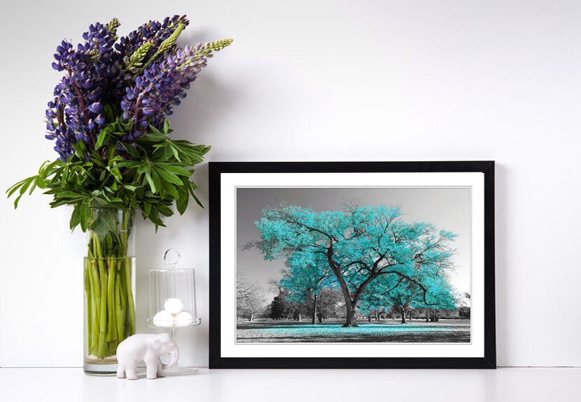 Turquoise Tree Wall Art - Large Framed Picture Print with Teal Leaves Poster