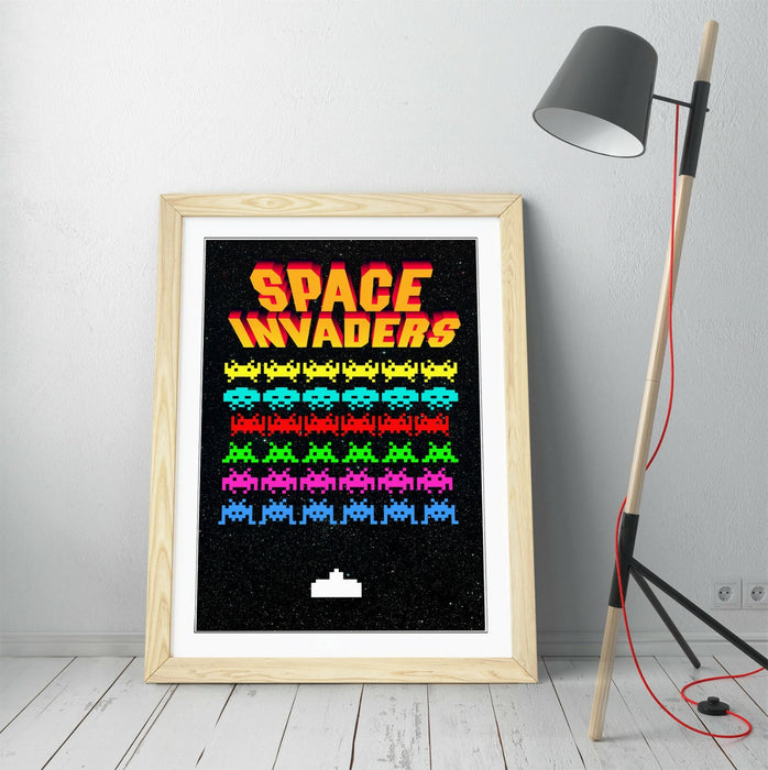 Retro Arcade Poster - Space Invaders Art Framed Game Print With Woodgrain Faux Frame