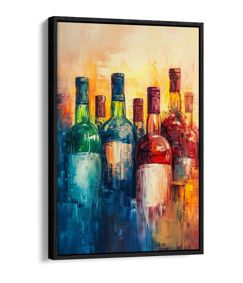 Canvas Wall Art – Abstract Colourful Bottles Of Wine Faded Float Effect Print