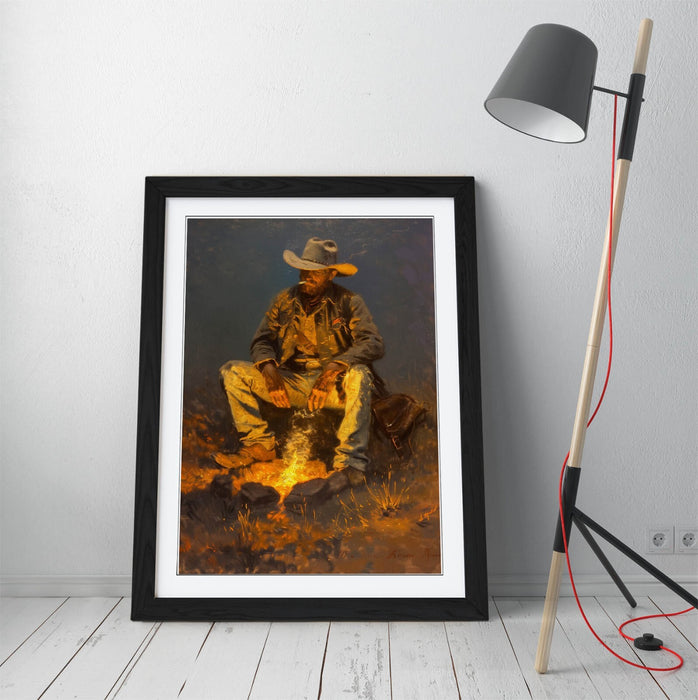 Framed Wall Art Cowboy Smoking By Campfire - Rustic Woodgrain Frame Print