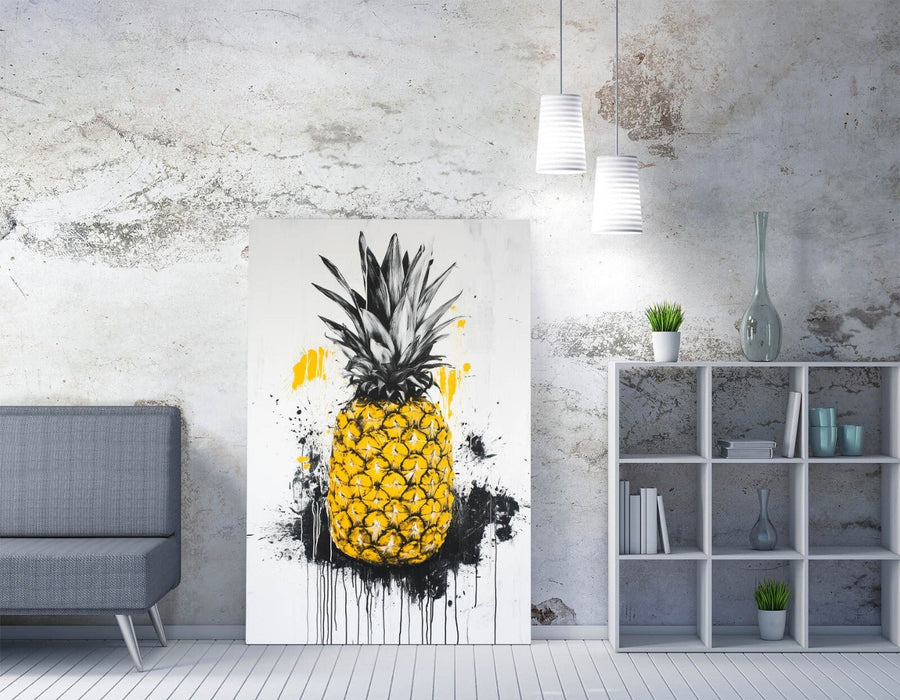 Canvas Wall Art - Yellow Pineapple Print on Handmade Graffiti Style Canvas Artwork