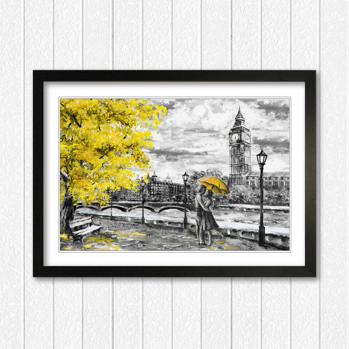 London Big Ben Grey Yellow Umbrella Wall Art Picture Framed Poster Print 4 sizes