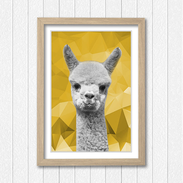Framed Poster Wall Art – Alpaca Black White Poster with Mustard Yellow Print