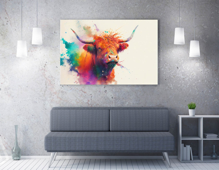 COLOURFUL HIGHLAND COW WATERCOLOUR SPLASH CANVAS WALL ARTWORK PICTURE PRINT
