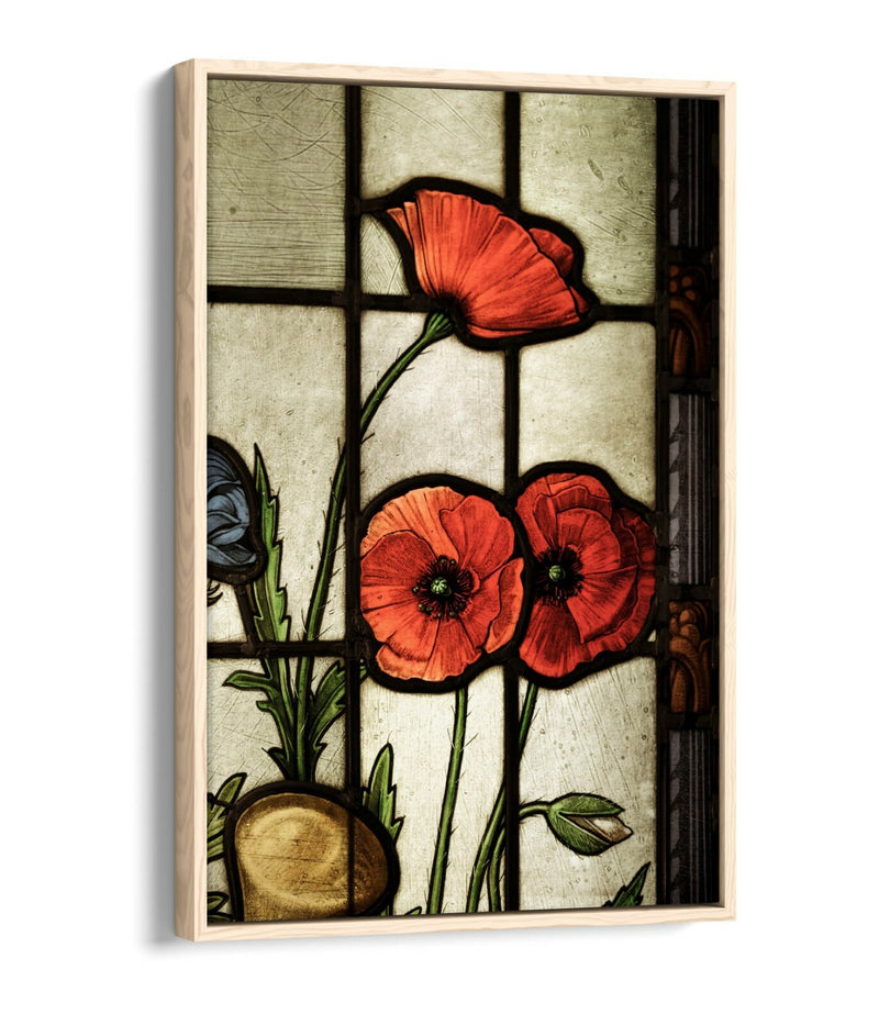 Float Effect Canvas Art - Stained Glass Poppies, Red Beige Wall Decor, Handmade UK
