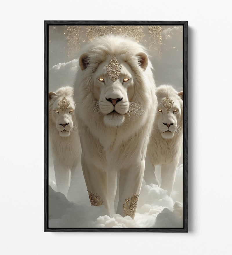 White Lions Canvas Art - Mystical Fantasy Wall Art With Float Effect Frame