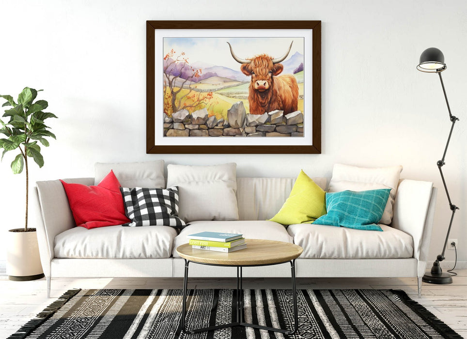 Highland Cow Wall Art – Rustic Framed Print on Matte Paper Poster for Home Decor