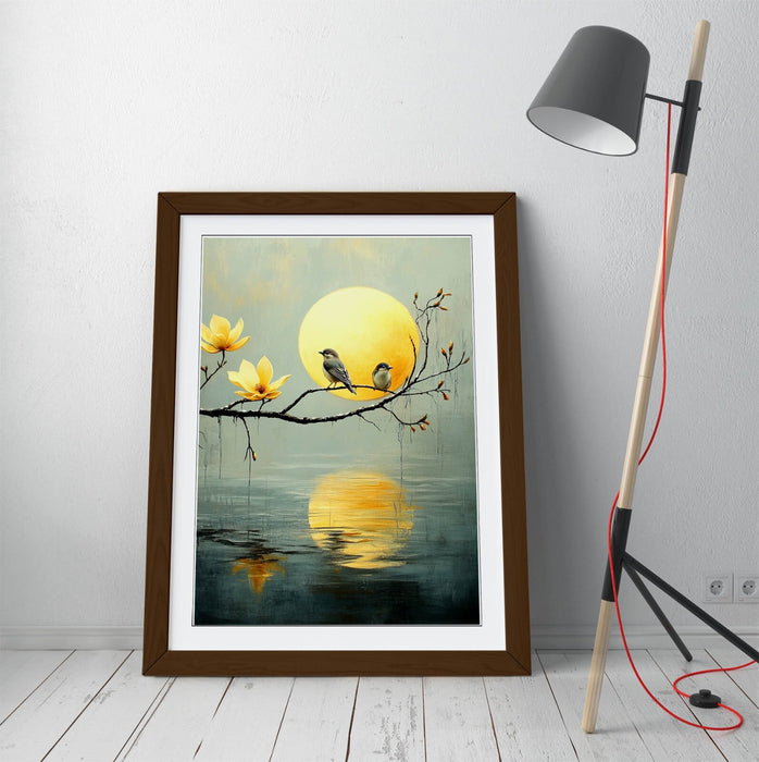Framed Wall Art - Pretty Birds Perched on Tree Over Water Scene Artwork Print