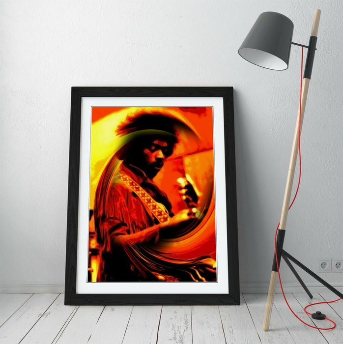 Jimi Hendrix Poster - Handmade UK Framed Wall Art With Yellow Swirl Artwork