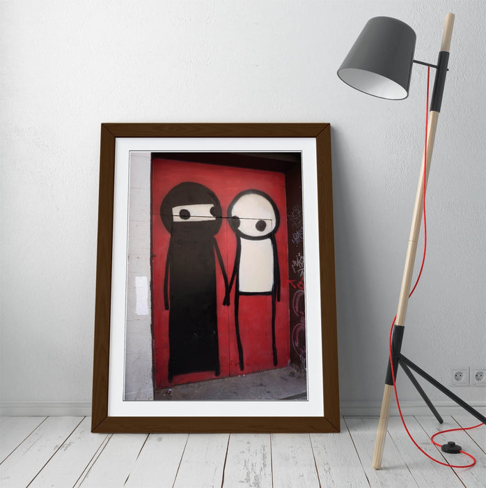 Framed Graffiti Art – STIK Muslim Stick Character Print with Faux Wood Frame