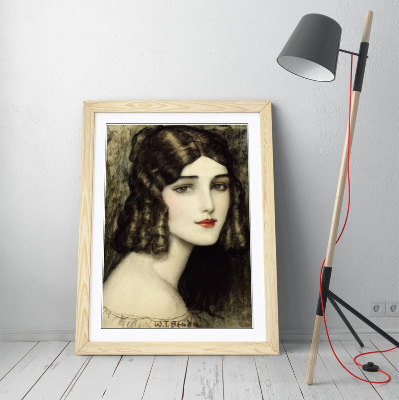 Framed Wall Art Poster - 'Girl's head with curls, Wladyslaw Theodore Benda' Matte Paper, Wood Grain Frame