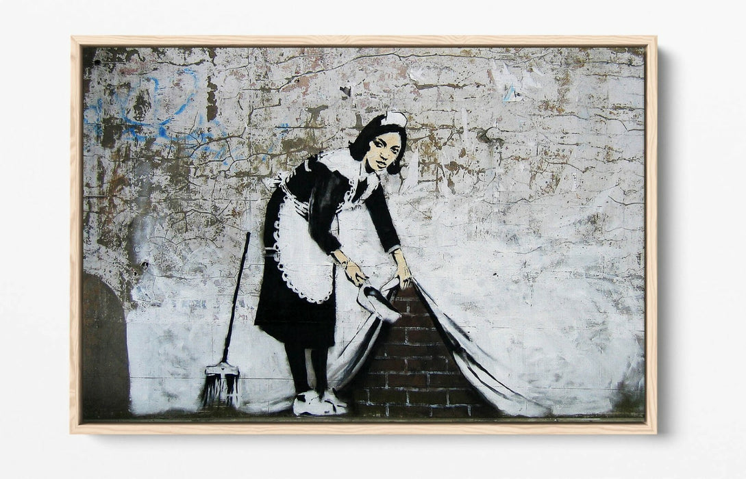 BANKSY SWEEPER -FLOAT EFFECT CANVAS WALL ART PIC PRINT- BLACK WHITE