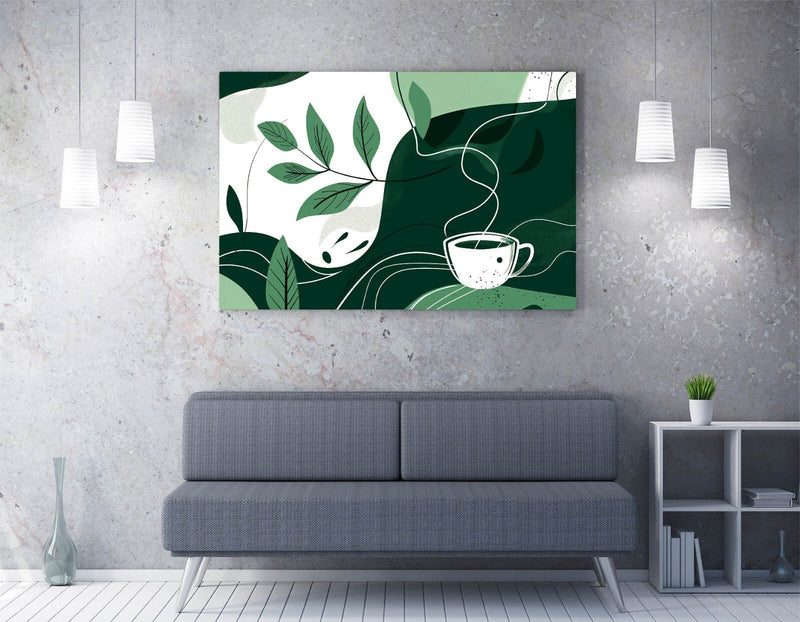 Canvas Wall Art - Modern Green Plant Artwork With Coffee Art Print | Ready To Hang Canvas