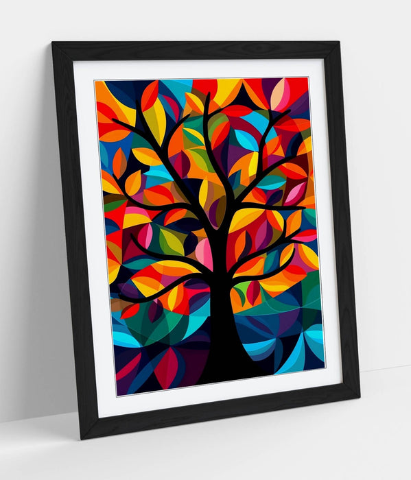 Framed Wall Art - Multi Colour Abstract Tree Print With Woodgrain Frame