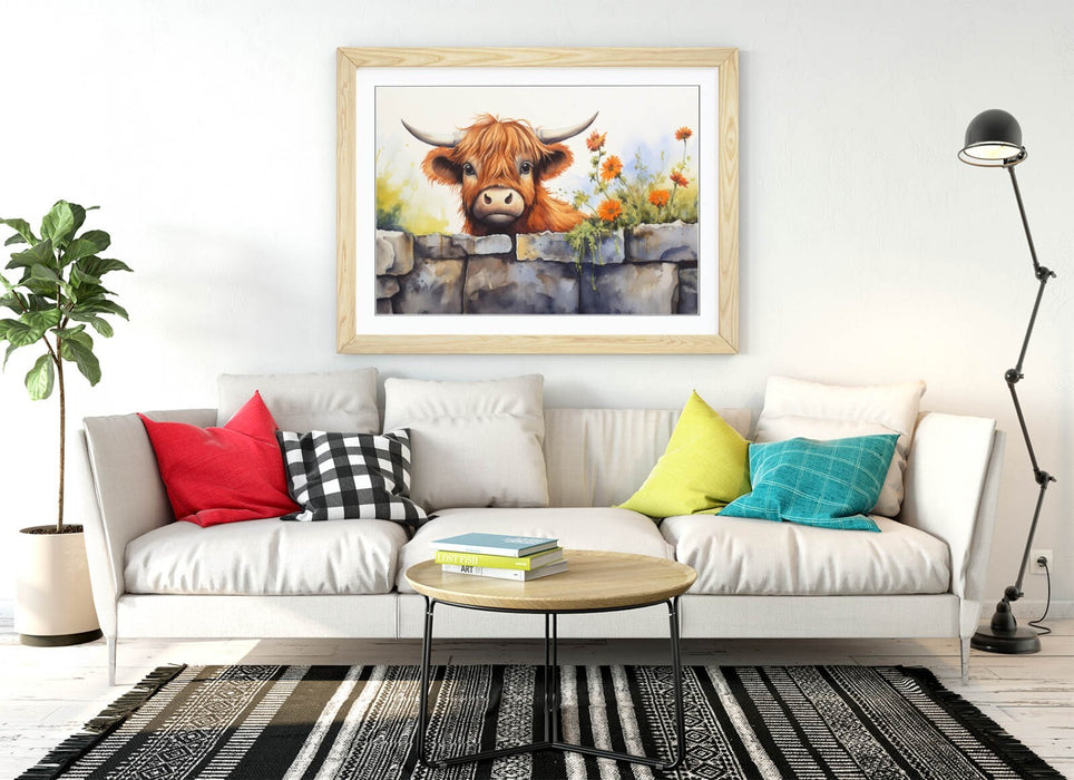 Highland Cow Wall Art – Framed Rustic Home Decor with Woodgrain Frame