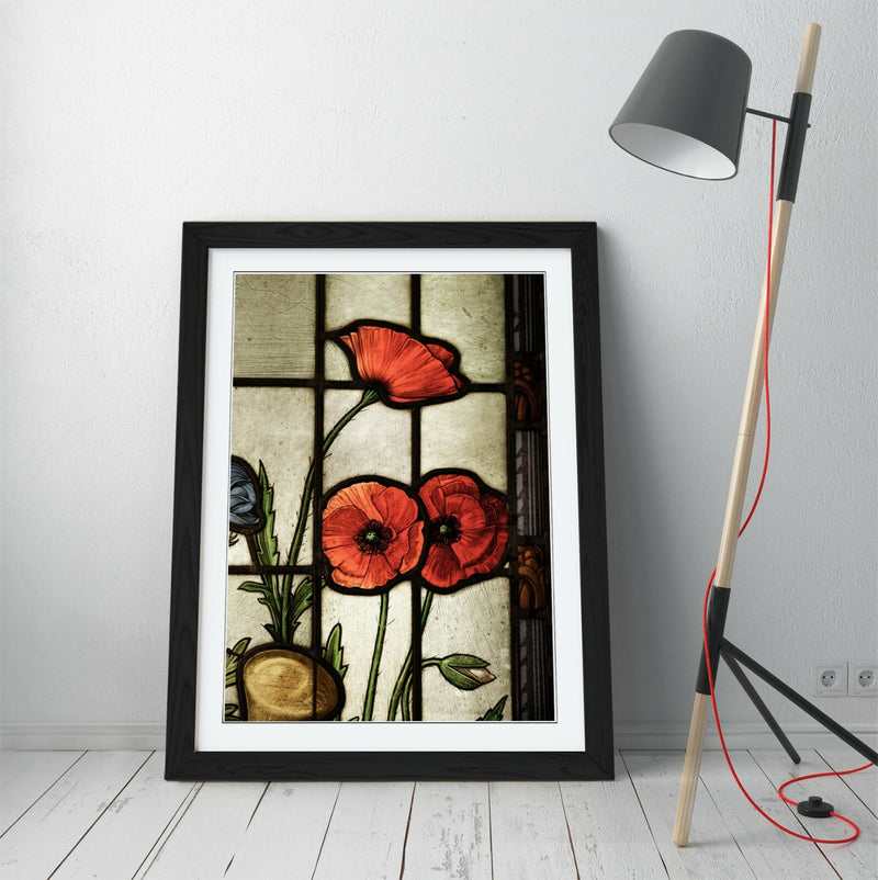 Framed Poster Art - Stained Glass Art Poppy Wall Decor With Woodgrain Frame