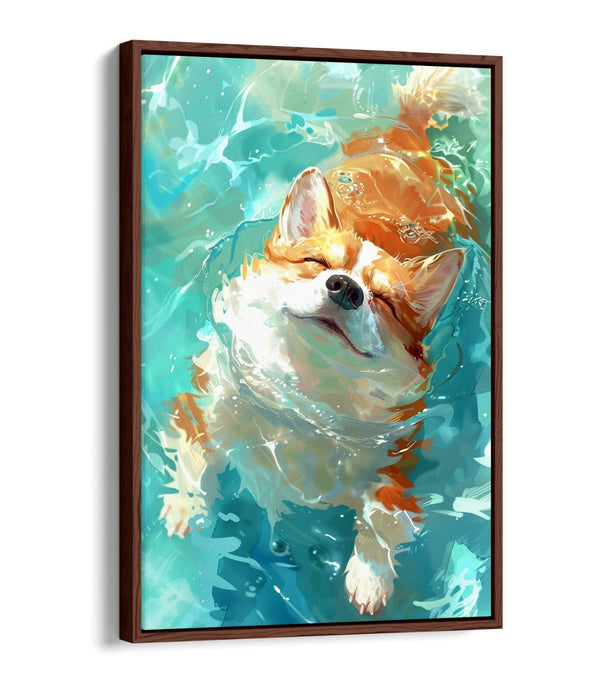 Corgi Canvas Art – Cute Smiling Dog Wall Decor with Water Float Effect Frame