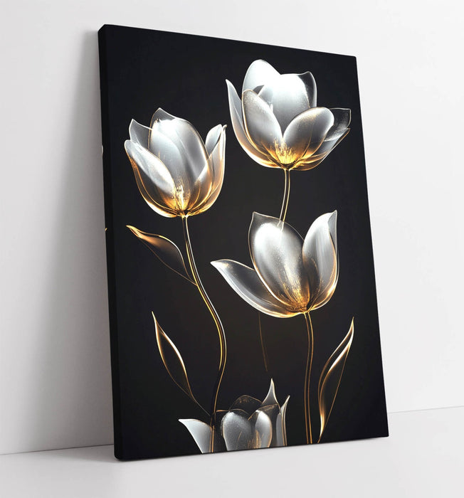 Tulip Canvas Wall Art – Handmade Silver Flower Wall Decor with Gold Tulip Artwork