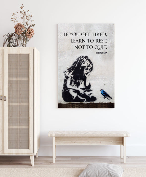 BANKSY GIRL BLUE BIRD QUOTE LEARN TO REST CANVAS WALL ART PRINT GRAFFITI PORT