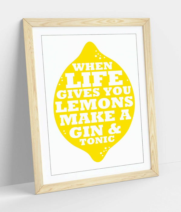 "LIFE LEMONS GIN & TONIC" FUNNY QUOTE KITCHEN -FRAMED WALL ART PICTURE PRINT