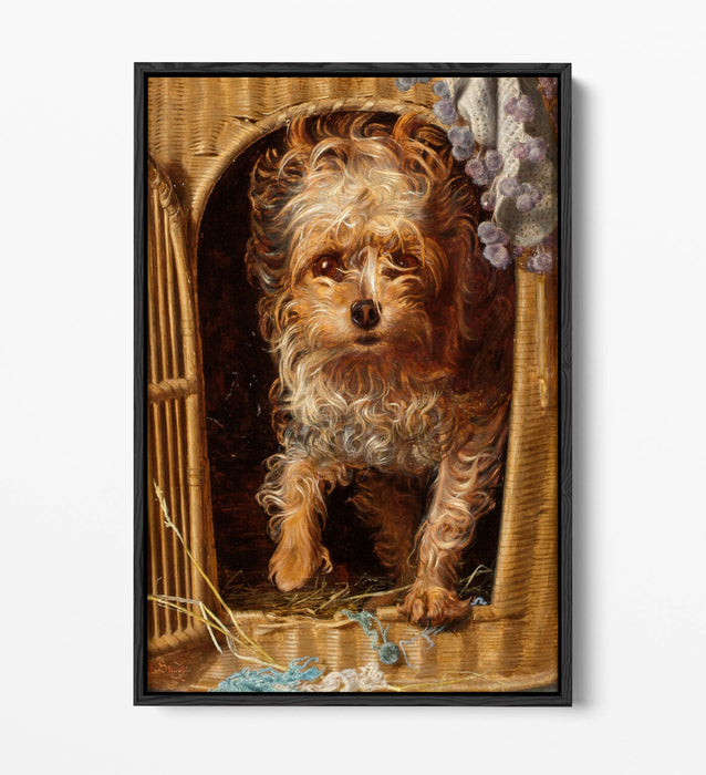FREDERICK SANDYS, DARBY IN HIS BASKET KENNEL -FLOAT EFFECT CANVAS WALL ART PRINT