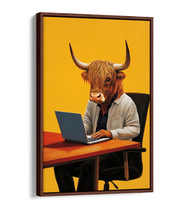 Canvas Wall Art - Anthropomorphic Highland Cow With Laptop | Float Effect, Handmade UK
