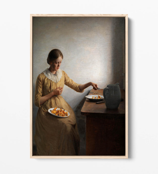 Canvas Art Print - Peter Ilsted Young Girl Cleaning Chanterelles | Float Effect, Premium Frame