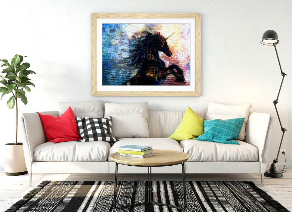 Unicorn Wall Art – Black Shadow Multi Colour Framed Poster Print, Handmade UK