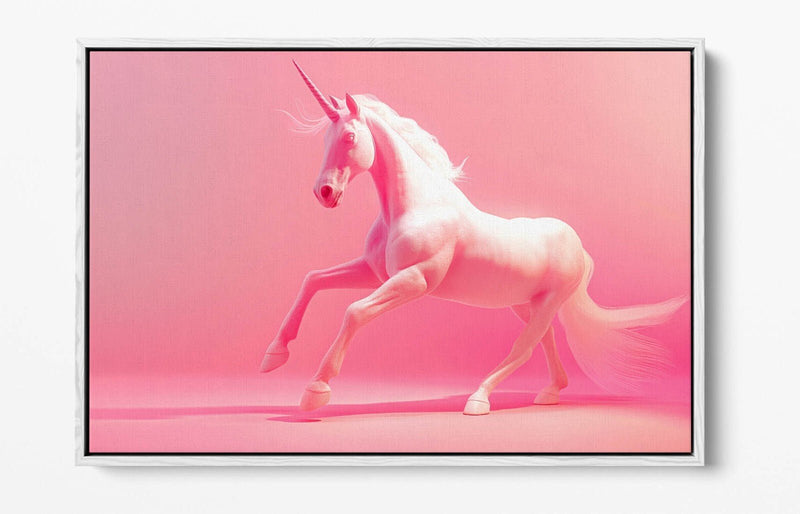Unicorn Canvas Art – Pink White Float Effect Print for Kids Bedroom Decor