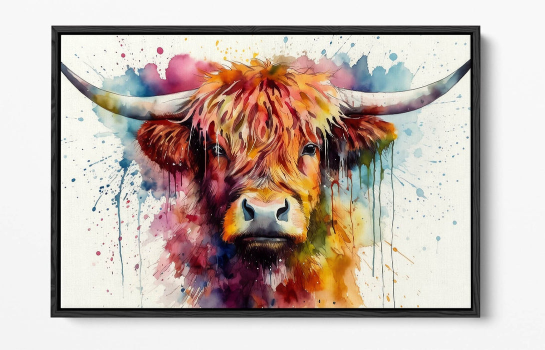 Highland Cow Canvas - Watercolour Animal Print With Float Effect Frame