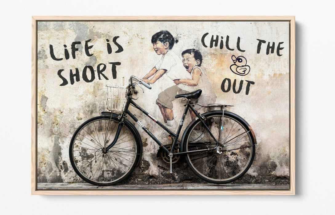 LIFE IS SHORT KIDS ON BIKE -FLOAT EFFECT CANVAS WALL ART PIC PRINT- BEIGE BLACK