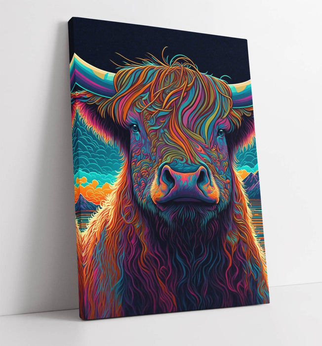 Highland Cow Canvas – Vibrant Colorful Animal Portrait Ready To Hang Wall Art