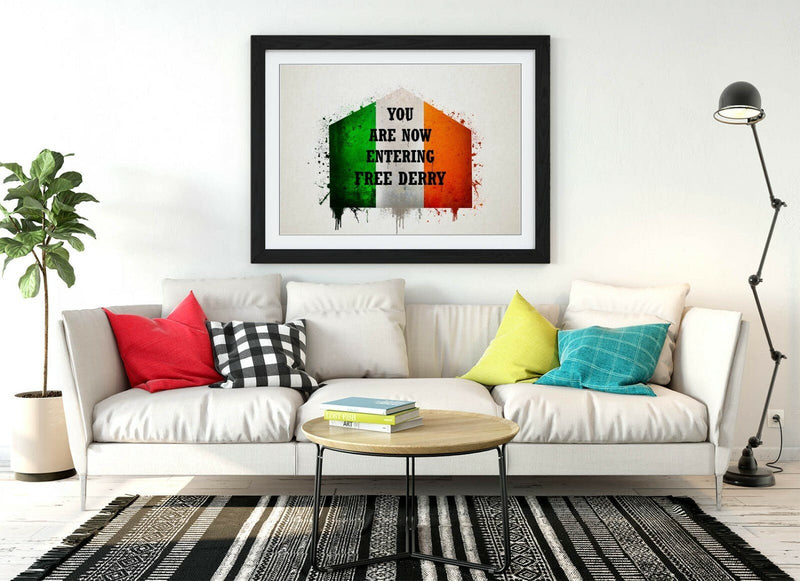 Framed Wall Art - Derry Wall Decor With Irish Flag Print & Woodgrain Frame Finish