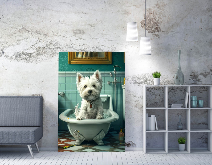 West Highland Terrier Art – Handmade Canvas Wall Art with Bathtub Dog Print